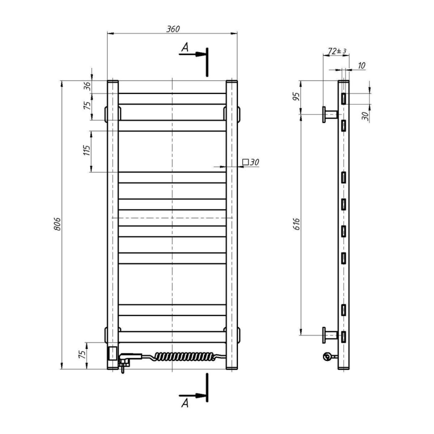 Електрически отопляем кърподържач с термостат AVANGARD 105W 80x36 cm бял дясен