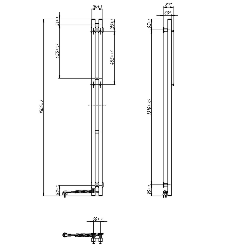 Електрически сушилник за кърпи с термостат SILOUETTE 106W 150x9cm бял десен