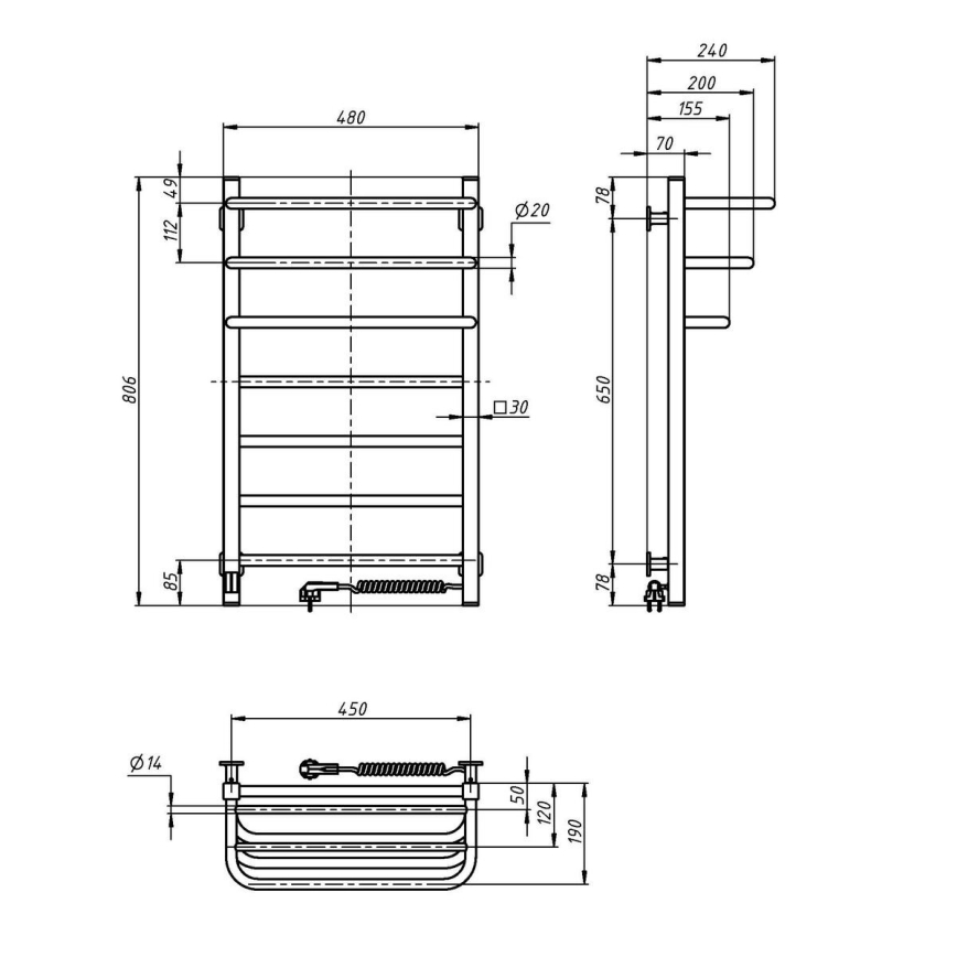 Електрически кърподържач с термостат FORTIS 155W, 80x48 см, черен, десен