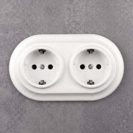 Elhard - Двойна керамична ретро розетка за дома с рамка SCHUKO 230V бяла
