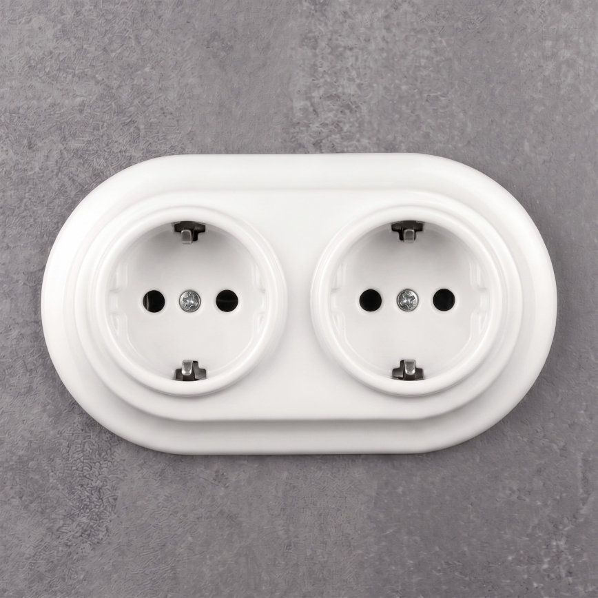 Elhard - Двойна керамична ретро розетка за дома с рамка SCHUKO 230V бяла
