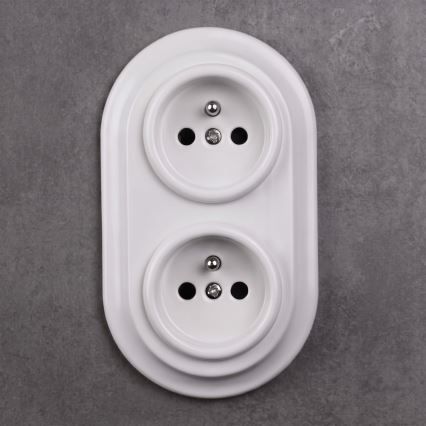 Elhard - Двойна керамична ретро розетка за дома с рамка SCHUKO 230V бяла