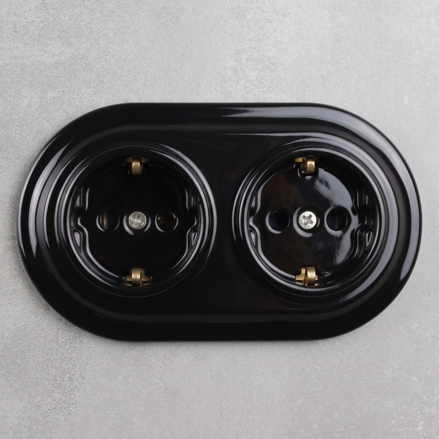 Elhard - Двойна керамична ретро розетка за домашна употреба с рамка SCHUKO 230V черна
