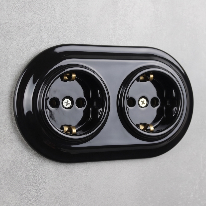 Elhard - Двойна керамична ретро розетка за домашна употреба с рамка SCHUKO 230V черна