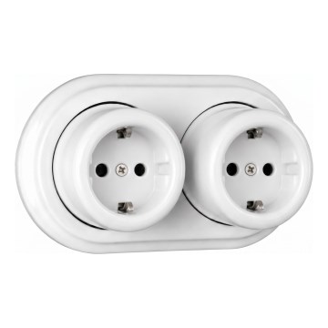 Elhard - Двойна керамична ретро стенна розетка с рамка SCHUKO 230V бяла