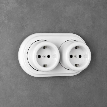 Elhard - Двойна керамична ретро стенна розетка с рамка SCHUKO 230V бяла