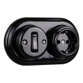 Elhard - Стенен керамичен ретро еднополюсен ключ № 1 и розетка SCHUKO 230V с рамка в черно
