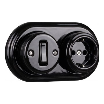 Elhard - Стенен керамичен ретро еднополюсен ключ № 1 и розетка SCHUKO 230V с рамка в черно