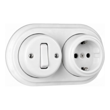 Elhard - стенен керамичен ретро еднополюсен ключ №1 и розетка SCHUKO 230V с бяла рамка