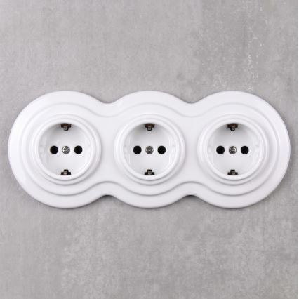 Elhard - Троен керамичен ретро домашен контакт с рамка SCHUKO 230V бял