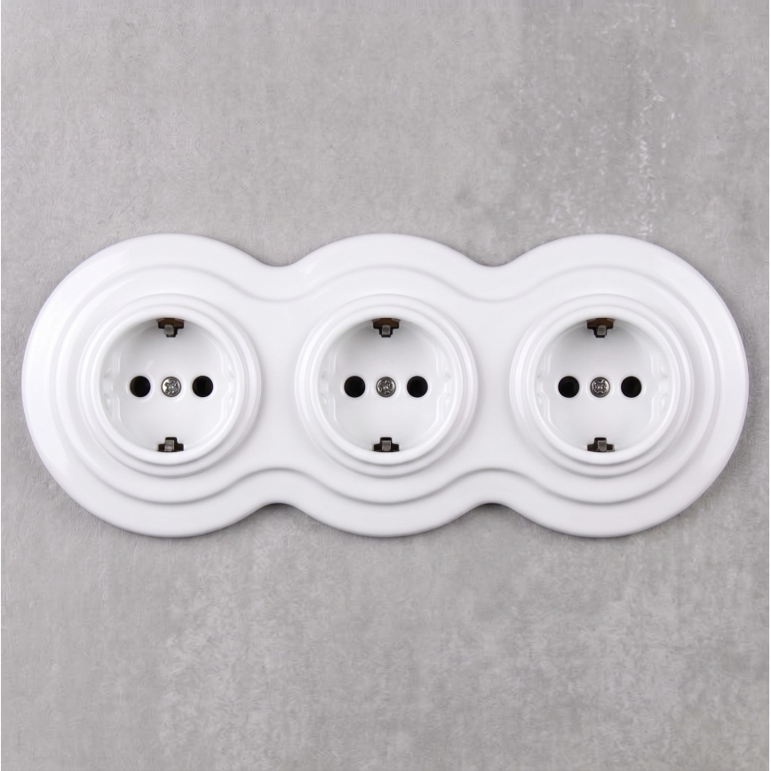 Elhard - Троен керамичен ретро домашен контакт с рамка SCHUKO 230V бял