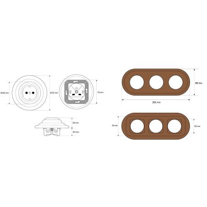 Elhard - Тройна керамична ретро домашна розетка с рамка SCHUKO 230V бяла/тъмна дървесина