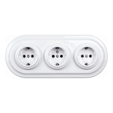 Elhard - Тройна керамична ретро домашна розетка с рамка SCHUKO 230V бяла