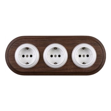 Elhard - Тройна керамична ретро домашна розетка с рамка SCHUKO 230V бяла/тъмна дървесина