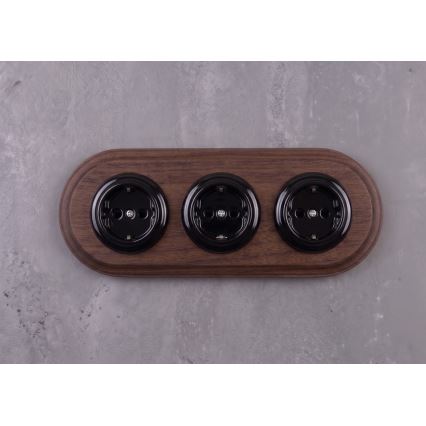 Elhard - Тройна керамична ретро розетка за дома с рамка SCHUKO 230V черна/тъмно дърво