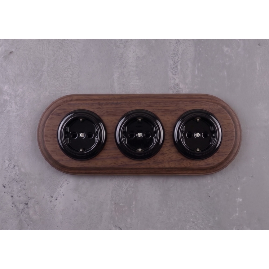 Elhard - Тройна керамична ретро розетка за дома с рамка SCHUKO 230V черна/тъмно дърво