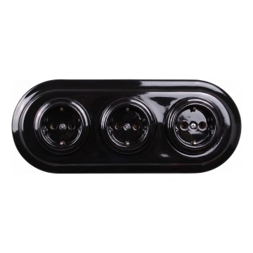 Elhard - Тройна керамична ретро домашна розетка с рамка SCHUKO 230V черна