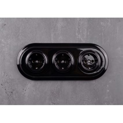 Elhard - Тройна керамична ретро домашна розетка с рамка SCHUKO 230V черна