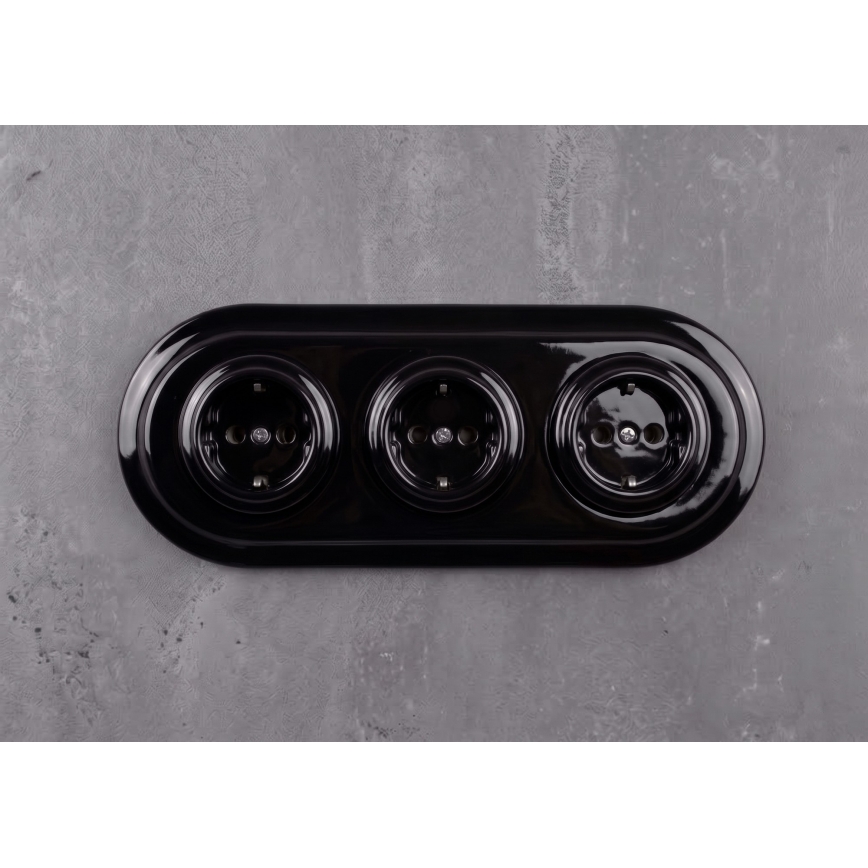 Elhard - Тройна керамична ретро домашна розетка с рамка SCHUKO 230V черна