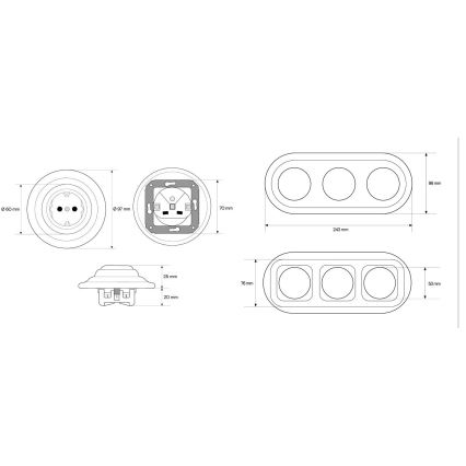 Elhard - Тройна керамична ретро домашна розетка с рамка SCHUKO 230V черна
