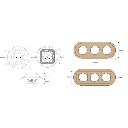 Elhard - Троен керамичен ретро домашен контакт с рамка SCHUKO 230V черен/светла дървесина