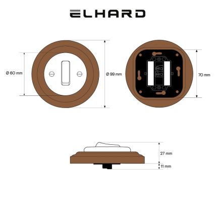 Elhard - Керамичен ретро единичен ключ с рамка č. 1 черно/тъмно дърво