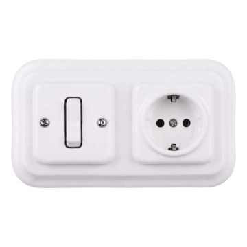 Elhard - Керамичен ретро еднополюсен ключ № 1 и SCHUKO 230V контакт с рамка в бяло