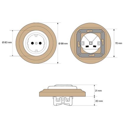 Elhard - Керамичен ретро стенен контакт с рамка SCHUKO 230V черен/светло дърво