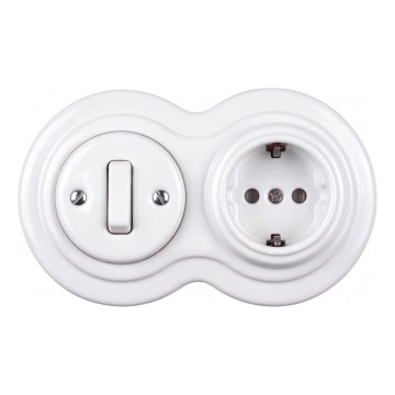 Elhard - Керамичен ретро ключ № 1 и 230V розетка с рамка SCHUKO, бяла