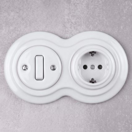 Elhard - Керамичен ретро ключ № 1 и 230V розетка с рамка SCHUKO, бяла