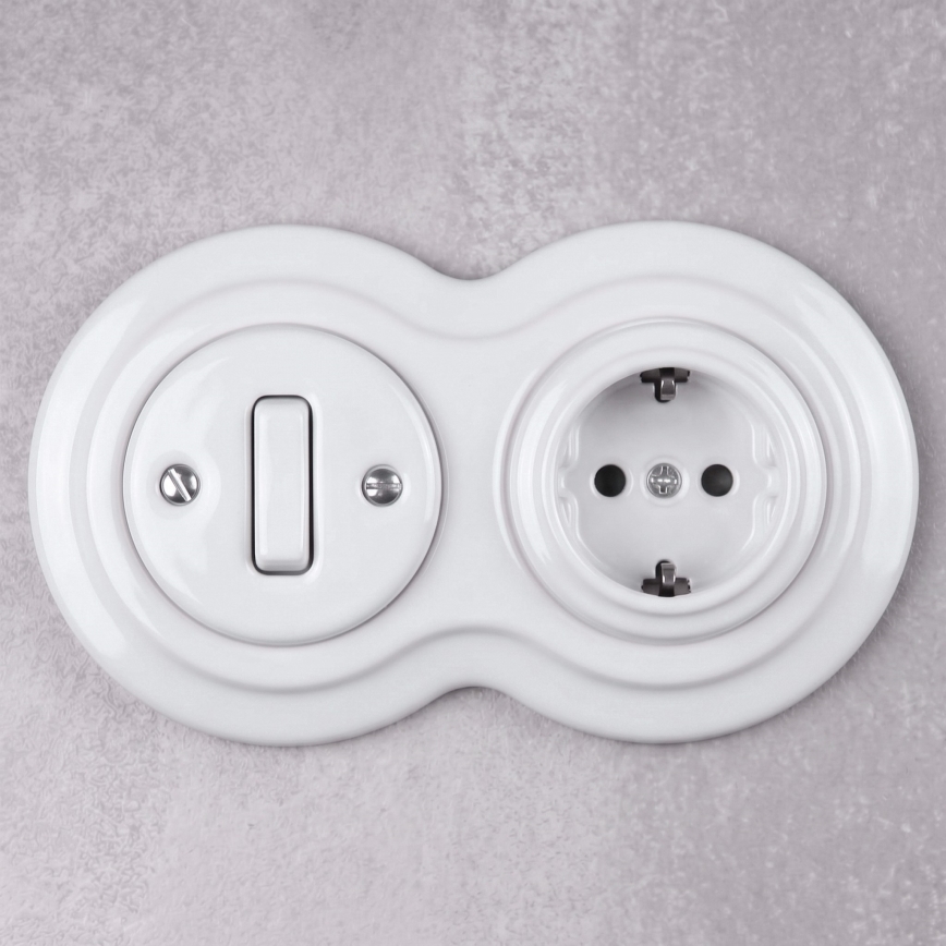 Elhard - Керамичен ретро ключ № 1 и 230V розетка с рамка SCHUKO, бяла