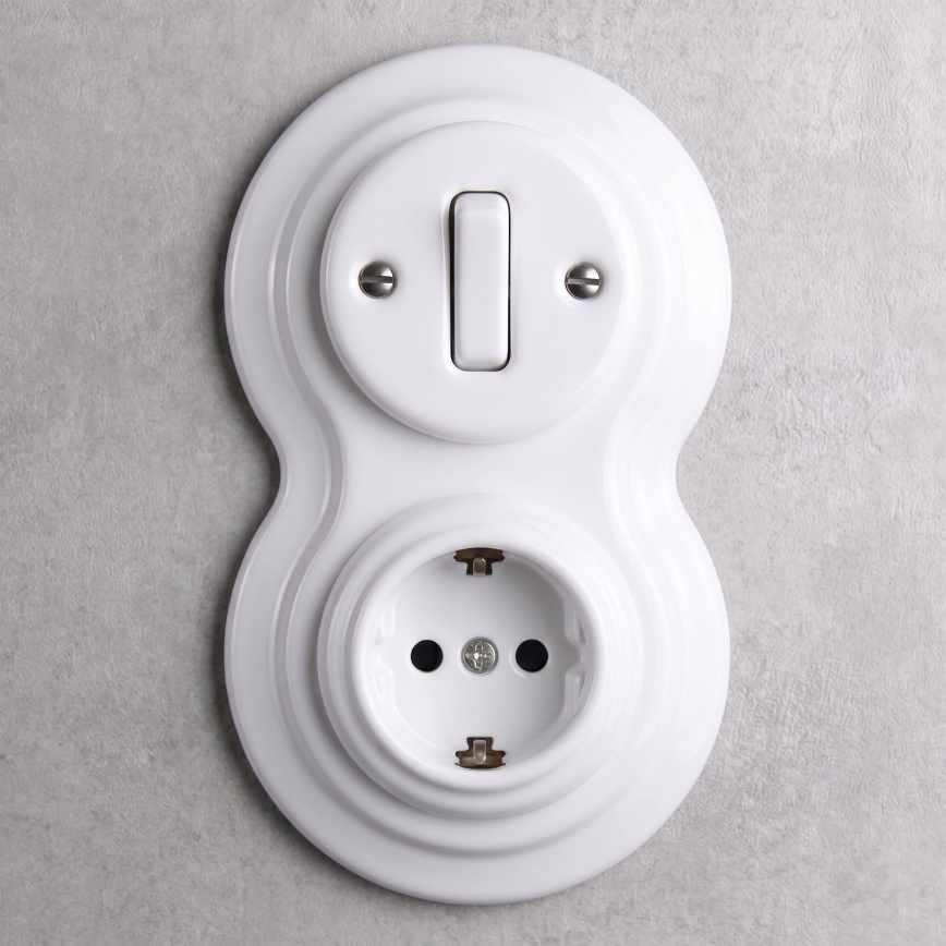 Elhard - Керамичен ретро ключ № 1 и 230V розетка с рамка SCHUKO, бяла