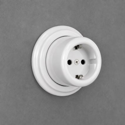 Elhard - Керамичен стенен ретро контакт за дома с рамка SCHUKO, 230 V, бял