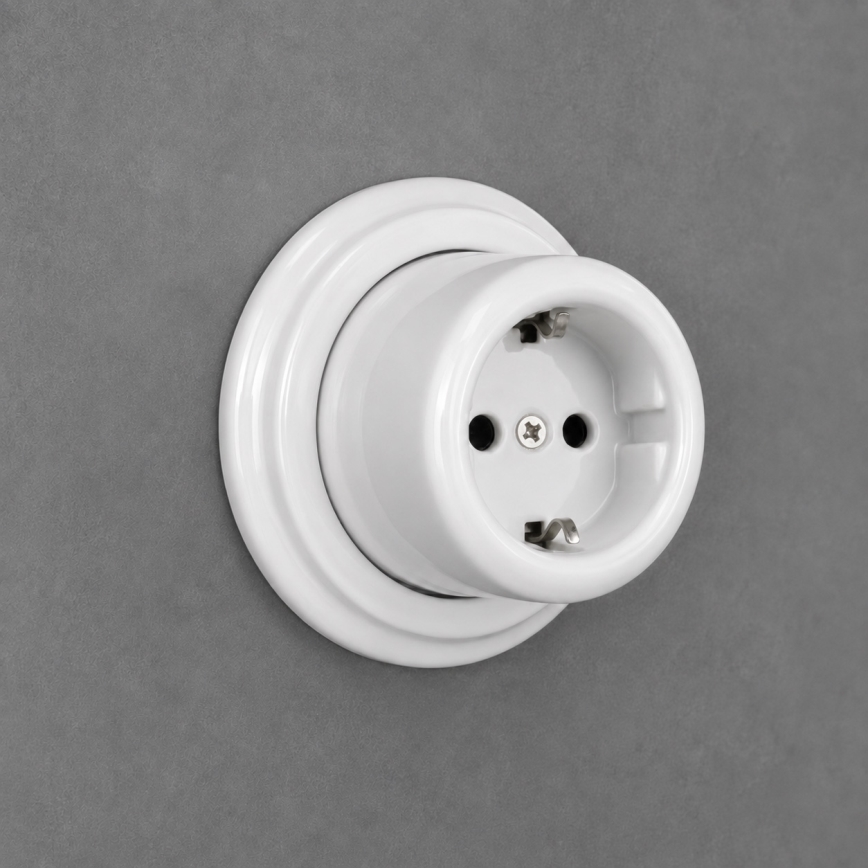 Elhard - Керамичен стенен ретро контакт за дома с рамка SCHUKO, 230 V, бял
