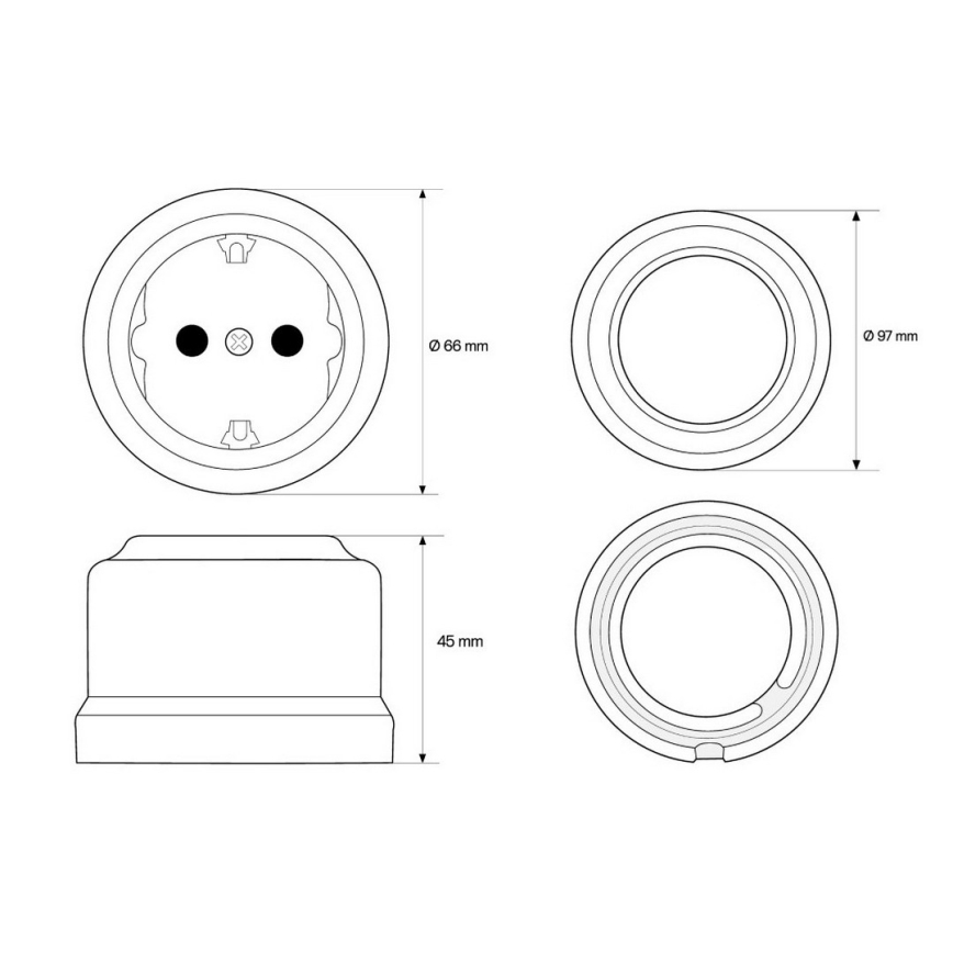 Elhard - Керамичен стенен ретро контакт за дома с рамка SCHUKO, 230 V, бял