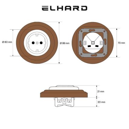 Elhard - Керамична ретро розетка за дома с рамка SCHUKO 230V бяла/тъмна дървесина