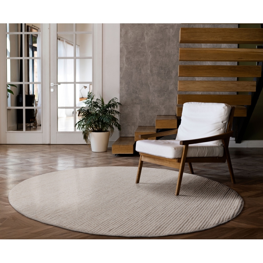 Естествен кръгъл килим FIR WOOL, 160 см, 2600 g/m², кремав