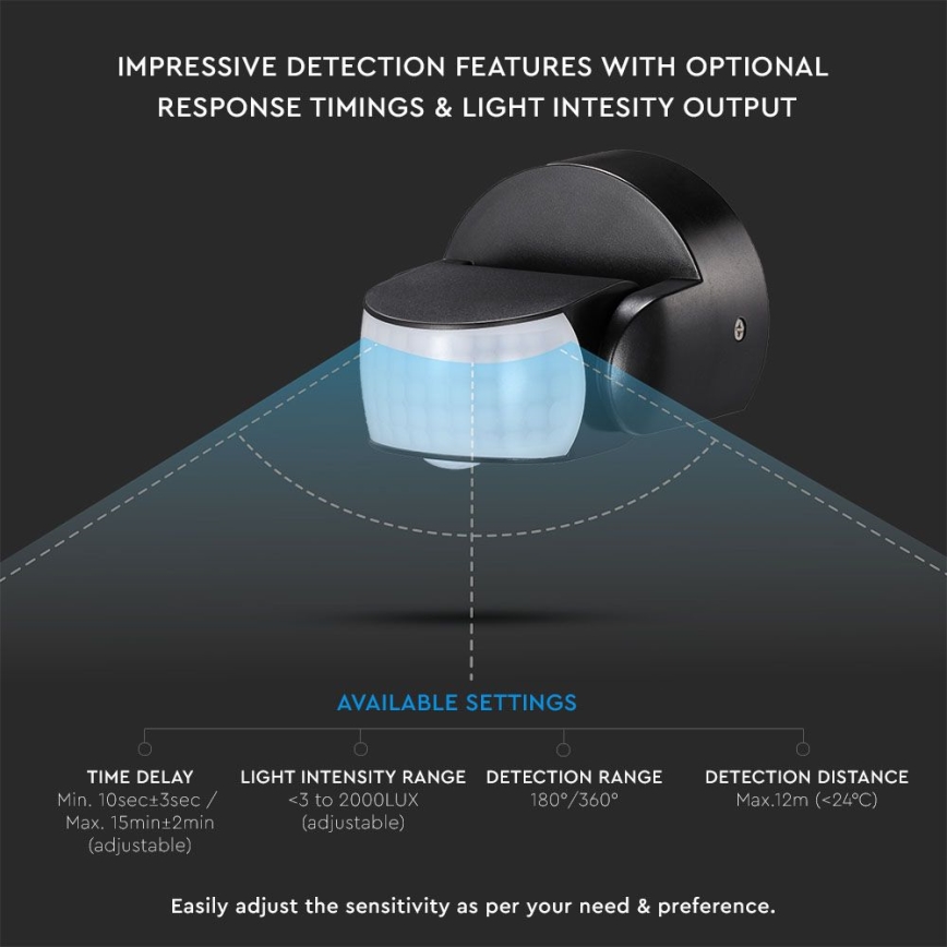 Екстериорен инфрачервен сензор за движение 180/360° 600W/230V IP65 черен
