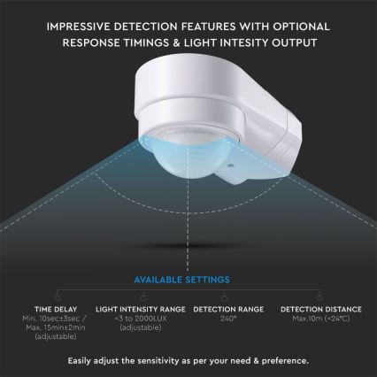 Екстериорен инфрачервен сензор за движение 240° 600W/230V IP65 бял