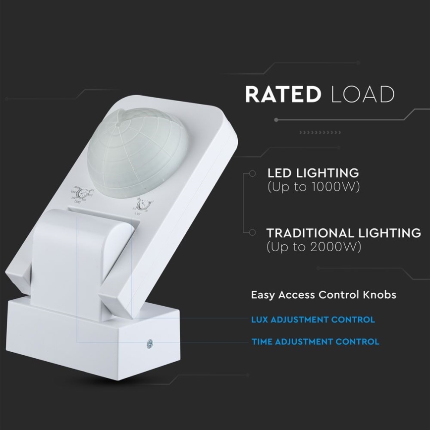 Екстериорен инфрачервен сензор за движение 360° 1000W/230V IP65 бял