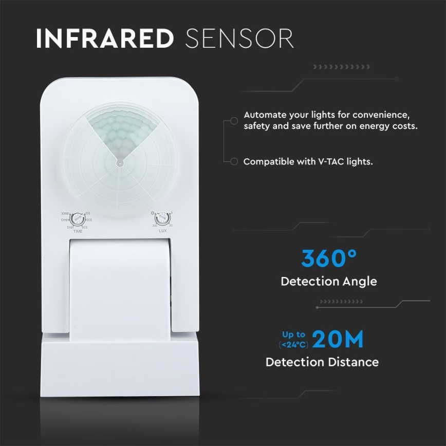 Екстериорен инфрачервен сензор за движение 360° 1000W/230V IP65 бял