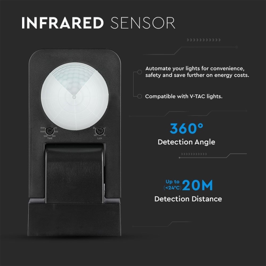 Екстериорен инфрачервен сензор за движение 360° 1000W/230V IP65 черен