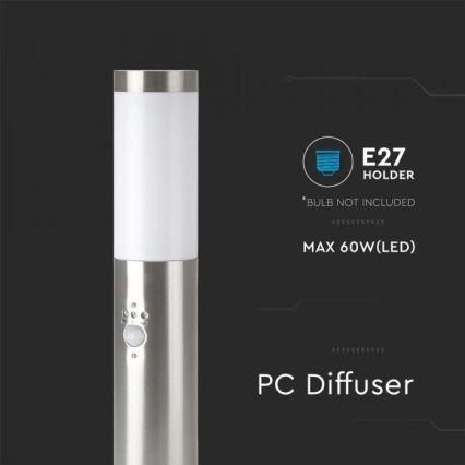 Екстериорна лампа със сензор 1xE27/60W/230V IP44 45см матор хром