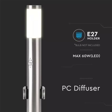 Екстериорна лампа със сензор + 2 гнезда SCHUKO 1xE27/60W/230V IP44 60 см матов хром