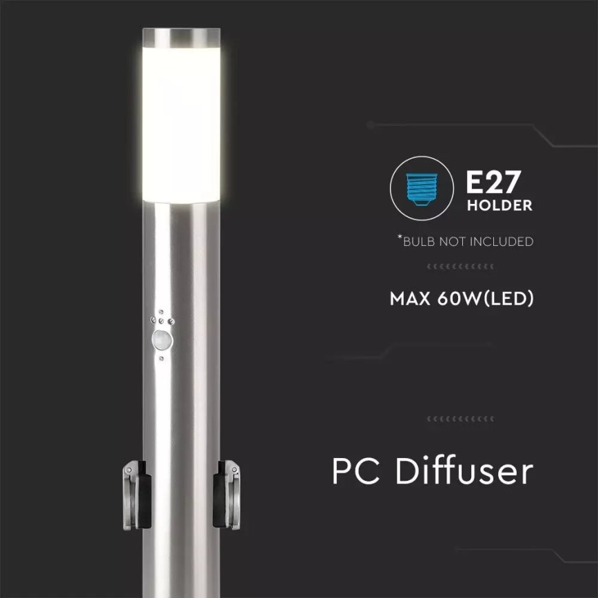 Екстериорна лампа със сензор + 2 гнезда SCHUKO 1xE27/60W/230V IP44 60 см матов хром