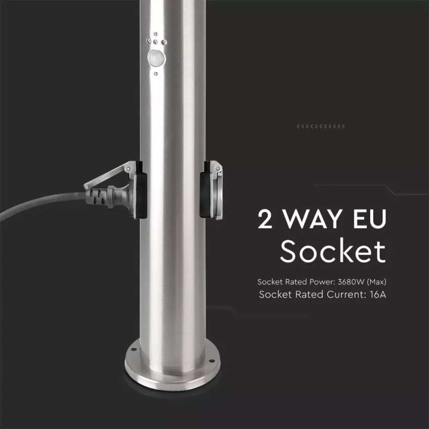 Екстериорна лампа със сензор + 2 гнезда SCHUKO 1xE27/60W/230V IP44 60 см матов хром