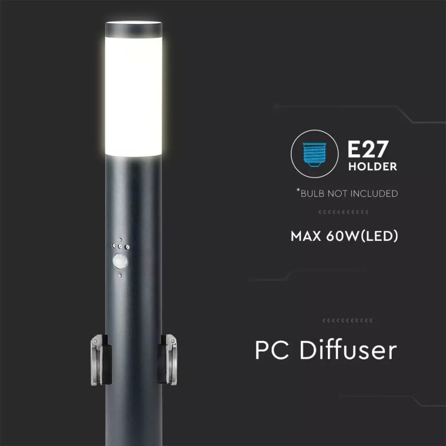 Екстериорна лампа със сензор и 2 гнезда SCHUKO 1xE27/60W/230V IP44 60 см черен