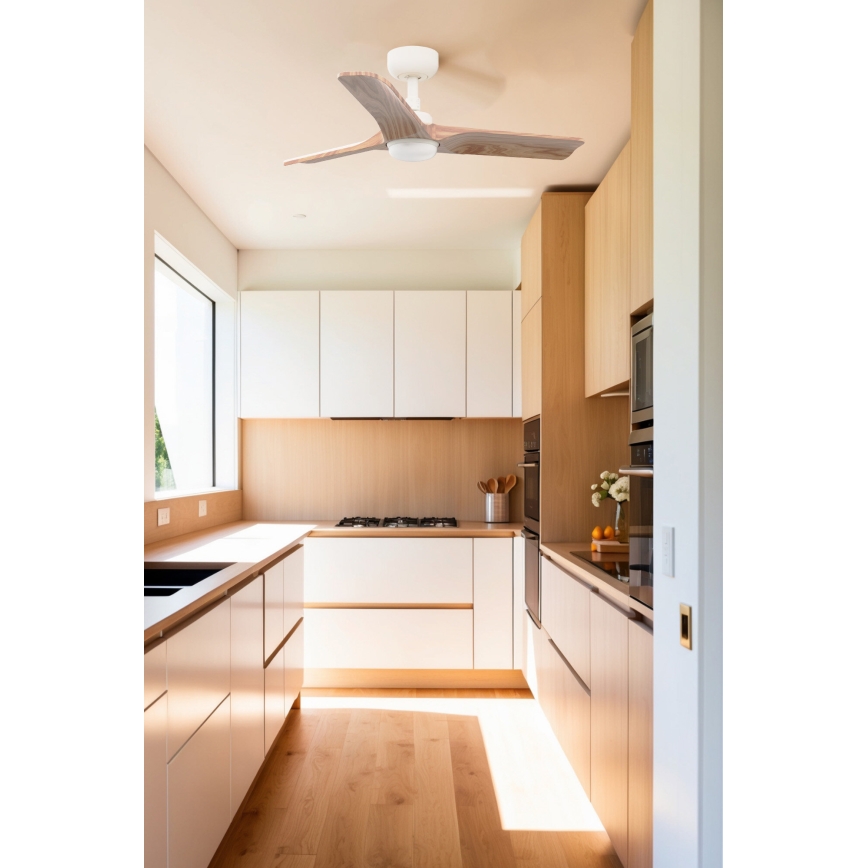 FARO 33805WT-1TW - Димиращ LED таванен вентилатор HEYWOOD S LED/10W/230V 2700/3000/4000K дърво/бяло Ø 90 см Wi‑Fi Tuya + дистанционно управление