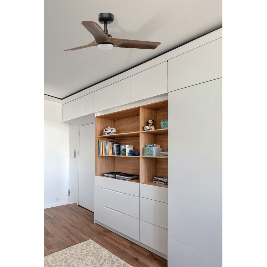 FARO 33806WT-1TW - LED Димируем таванен вентилатор HEYWOOD S LED/10W/230V 2700/4000/6000K дърво/черен Ø 90 см Wi-Fi Tuya + дистанционно управление