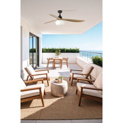 FARO 34360WT-11L - Таванен вентилатор OUTWOOD L 1xE27/15W/230V кафяв/черен Ø 150 cm Wi-Fi Tuya IP44 + дистанционно управление